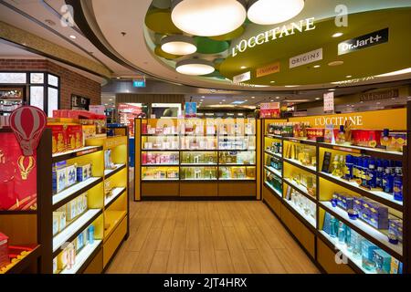 SINGAPORE - CIRCA JANUARY, 2020: L'Occitane personal care products on display at store in Changi Airport. Stock Photo