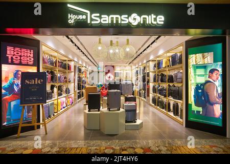 SINGAPORE - CIRCA JANUARY, 2020: bags on display at Samsonite store in Singapore Changi Airport. Stock Photo