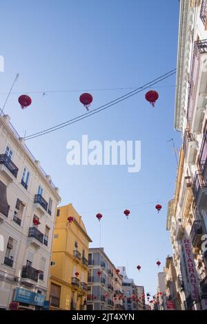 February, 2022. Valencia, Spain. Paper lanterns and oriental style decorations in the Chinatown of Valencia (Spain) for the Chinese New Year celebrati Stock Photo