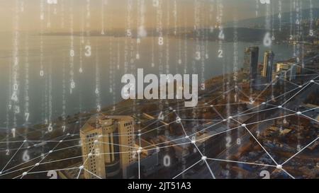 Global connection and the internet network modernization in smart city . Concept of future 5G wireless digital connecting and social media networking Stock Photo
