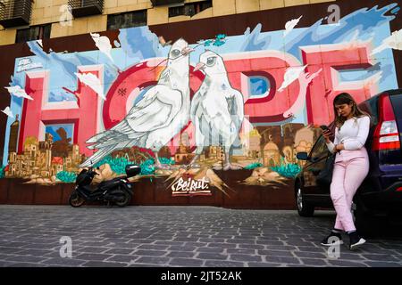 Beirut, Lebanon: A wall that has been covered by graffiti of HOPE at Martyrs' Square in the city of Beirut Stock Photo