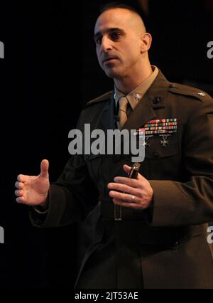 U.S. Marine Corps Lt. Col. Mark A. Lamelza, a National Security and Decision Making course student and James V. Forrestal Award for Excellence in Force Planning winner at U.S Naval War College (NWC), provides 140228