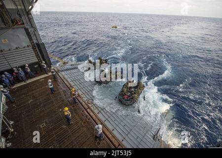 U.S. Marines assigned to Foxtrot Company, Battalion Landing Team, 2nd Battalion, 5th Marine Regiment, 31st Marine Expeditionary Unit conduct launch and recovery operations with combat rubber raiding craft from 140301
