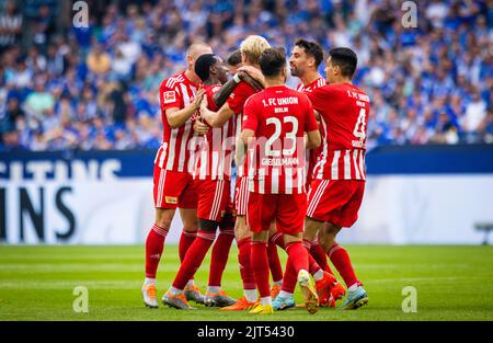 Torjubel: Union’s Sheraldo Becker, Union's Rani Khedira, Union's Diogo Leite FC Schalke 04 - Union Berlin 27.08.2022, Fussball; Saison 2022/23  Foto: Stock Photo