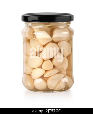 glass jar with pickled garlic with black lid isolated on white background  with clipping path Stock Photo