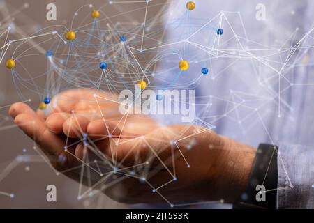 A 3D rendered global network hovering in mans hand Stock Photo - Alamy