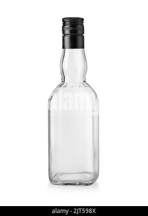 empty glass bottle with black lid isolated on white background with clipping path Stock Photo