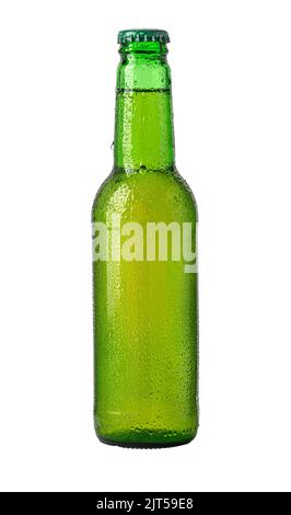 green beer bottle isolated on white background with  drops Stock Photo