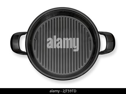 Empty cast iron grill frying pan isolated on white background with clipping path. Top view. Stock Photo