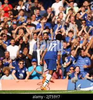 London, UK. 28th Aug, 2022. Raheem Sterling of Chelsea scores for 10 man Chelsea to make it 1-0 and celebrates during the Premier League match between Chelsea and Leicester City at Stamford Bridge, London, England on 27 August 2022. Photo by Ken Sparks. Editorial use only, license required for commercial use. No use in betting, games or a single club/league/player publications. Credit: UK Sports Pics Ltd/Alamy Live News Stock Photo