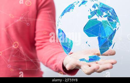 A 3D rendered world map hovering in mans hand Stock Photo - Alamy