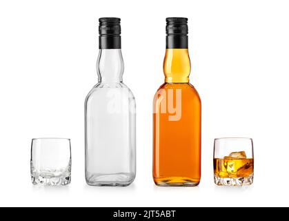 whiskey glass bottle with black lid isolated on white background Stock Photo