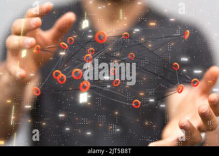 A man holding a floating 3D rendering of futuristic lines of digital network Stock Photo