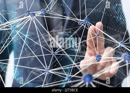 A man tapping a floating 3D rendering of futuristic lines of digital network Stock Photo