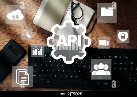 Application Programming Interface (API) concept. Software development tool. Internet and networking. Desktop photo as background. Stock Photo