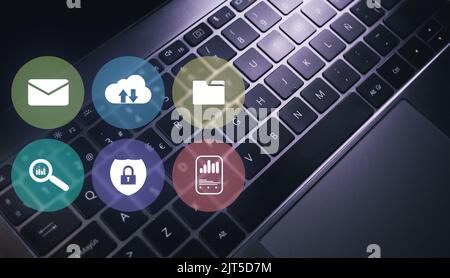 Document Management System Concept with Copy Space. Online documentation database and process automation to efficiently manage files. Laptop keyboard Stock Photo