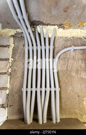 there are a lot of wires in corrugated hoses laid on a concrete wall Stock Photo