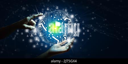Businessman hand holding the global world business community of network communication connected. Digital and technological convergence . Stock Photo