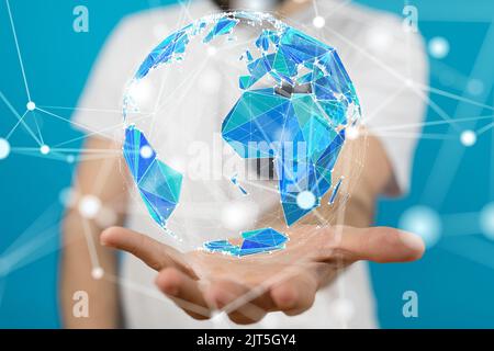 A media worldwide technology concept and businessman's hand carrying world map Stock Photo