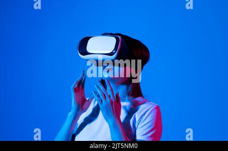 Close up of woman engineer, architector in vr headset working with engineering project in studio. Stock Photo