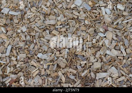 Woodchips are small- to medium-sized pieces of wood formed by cutting or chipping larger pieces of wood such as trees, branches, logging residues, stu Stock Photo