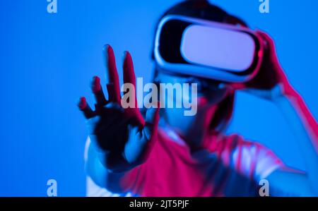 Close up of woman engineer, architector in vr headset working with engineering project in studio. Stock Photo