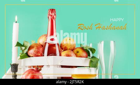 Rosh hashanah, Jewish New Year holiday card. Traditional symbols, apples, honey, pomegranate, candle and bottle of champagne on a green background wit Stock Photo