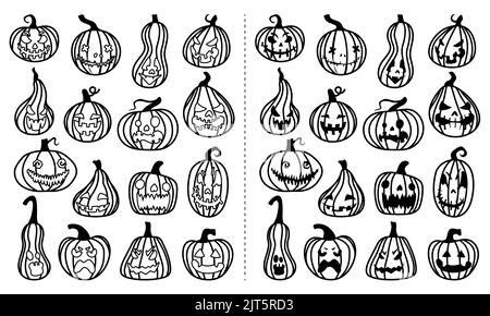 Halloween celebration related jack o lanterns, carved pumpkins with different facial expressions ...