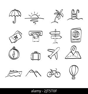 travel icon set illustration vector hand drawn isolated on white background line art. Stock Vector