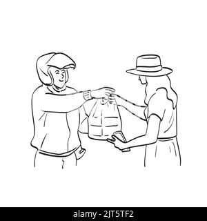 food delivery rider with helmet picks the food for woman illustration vector hand drawn isolated on white background line art. Stock Vector
