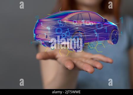 A 3D rendered car icon hovering in mans hand Stock Photo