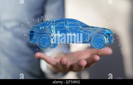 A 3D rendered car icon hovering in mans hand Stock Photo