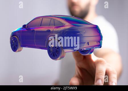 A 3D rendered car icon hovering in mans hand Stock Photo