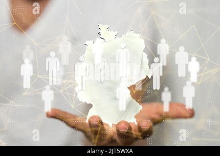 A 3D rendered global network hovering in mans hand Stock Photo