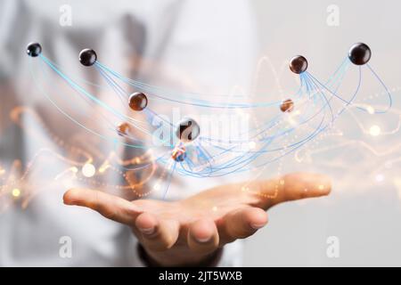 A 3D rendered global network hovering in mans hand Stock Photo