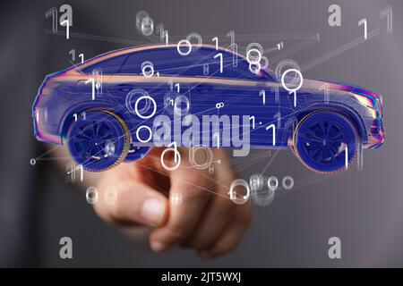 A 3D rendered car icon hovering in mans hand Stock Photo