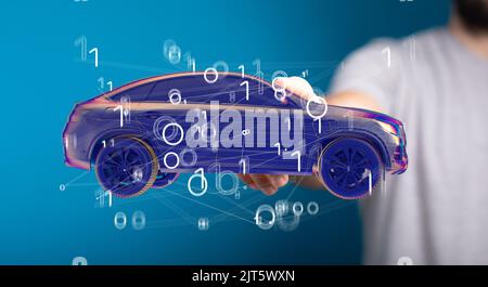 A 3D rendered car icon hovering in mans hand Stock Photo