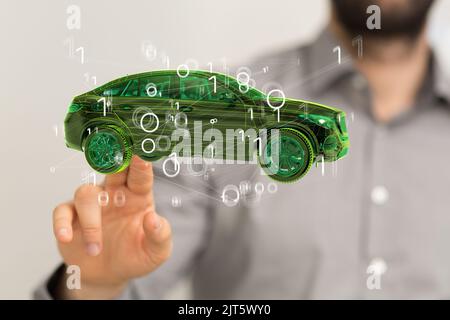 A 3D rendered car icon hovering in mans hand Stock Photo