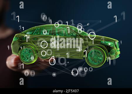 A 3D rendered car icon hovering in mans hand Stock Photo