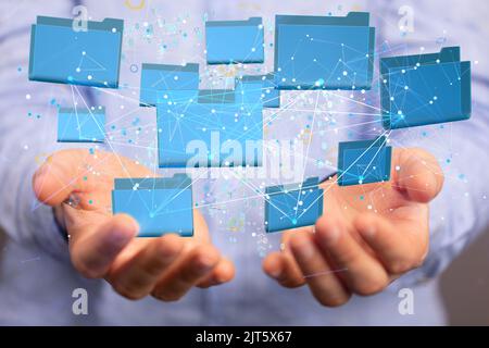 A 3D rendered electronic folder hovering in mans hand Stock Photo