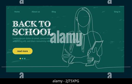 landing page template with globe, glasses and stack of textbooks.Back to school landing page template. Outline web banner on white backdrop. Vector outline illustration. Concept website page. Stock Vector