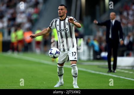 Filip Kostic of Juventus Fc  in action during the Serie A match beetween Juventus Fc and As Roma at Allianz Stadium on August 27, 2022 in Torino, Italy . Stock Photo