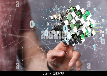 A 3D rendered digital network hovering in mans hand Stock Photo