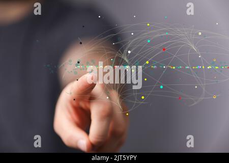 A 3D rendered digital network hovering in mans hand Stock Photo