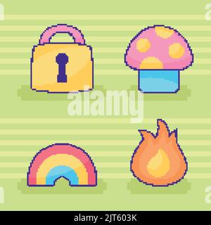 four pixel art four set items Stock Vector