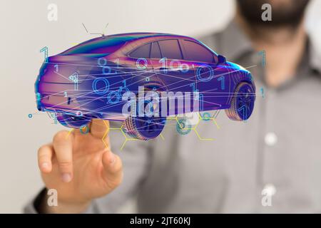 A 3D rendered car icon hovering in mans hand Stock Photo