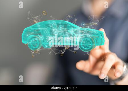 A 3D rendered car icon hovering in mans hand Stock Photo