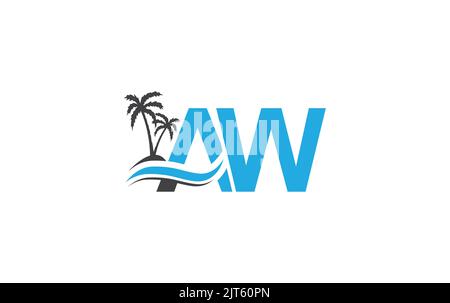 Beach tree and nature water wave logo design vector with the letter and alphabet, Water color logo vector Stock Vector
