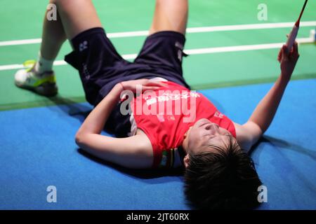 Tokyo, Japan. 28th Aug, 2022. Chen Yufei of China reacts during the women's singles final against Yamaguchi Akane of Japan at the BWF World Championships 2022 in Tokyo, Japan, Aug. 28, 2022. Credit: Zhang Xiaoyu/Xinhua/Alamy Live News Stock Photo