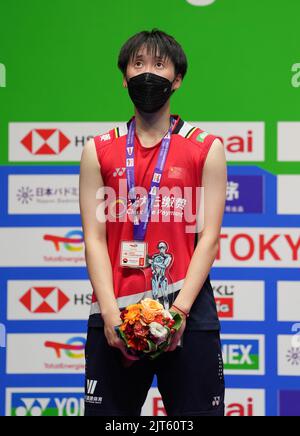 Tokyo, Japan. 28th Aug, 2022. Chen Yufei of China poses on the podium for the women's singles at the BWF World Championships 2022 in Tokyo, Japan, Aug. 28, 2022. Credit: Zhang Xiaoyu/Xinhua/Alamy Live News Stock Photo